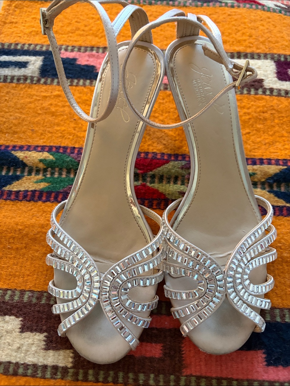Jewel Badgley Mischka Cream Beaded Ankle-Strap Heels